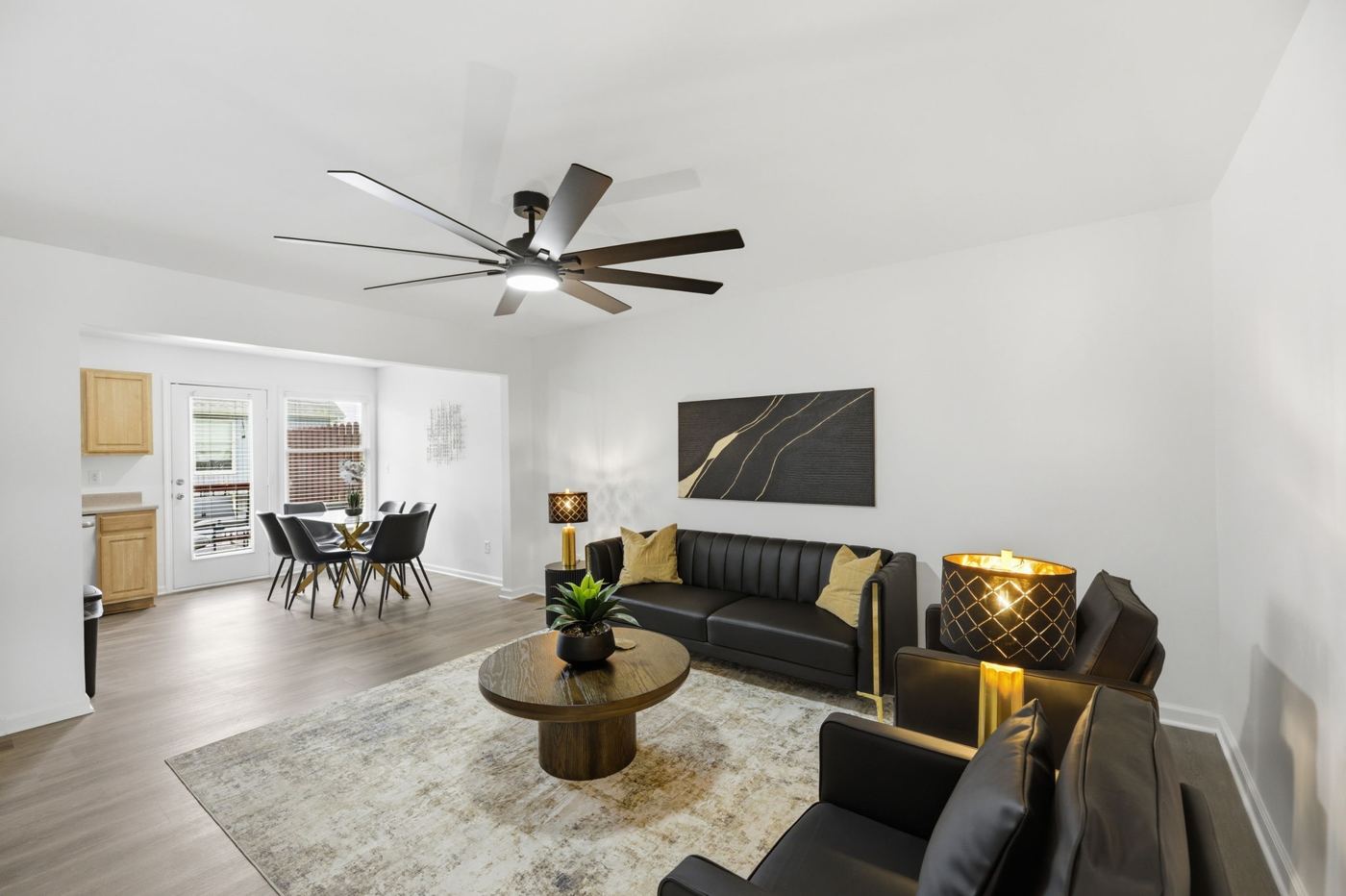 Living room with the dining area beyond